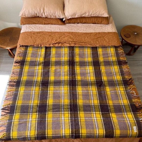 Faribo Fluff Loomed Yellow Gray Brown Wool Plaid Checkered Fringe Blanket Throw - Picture 8 of 11